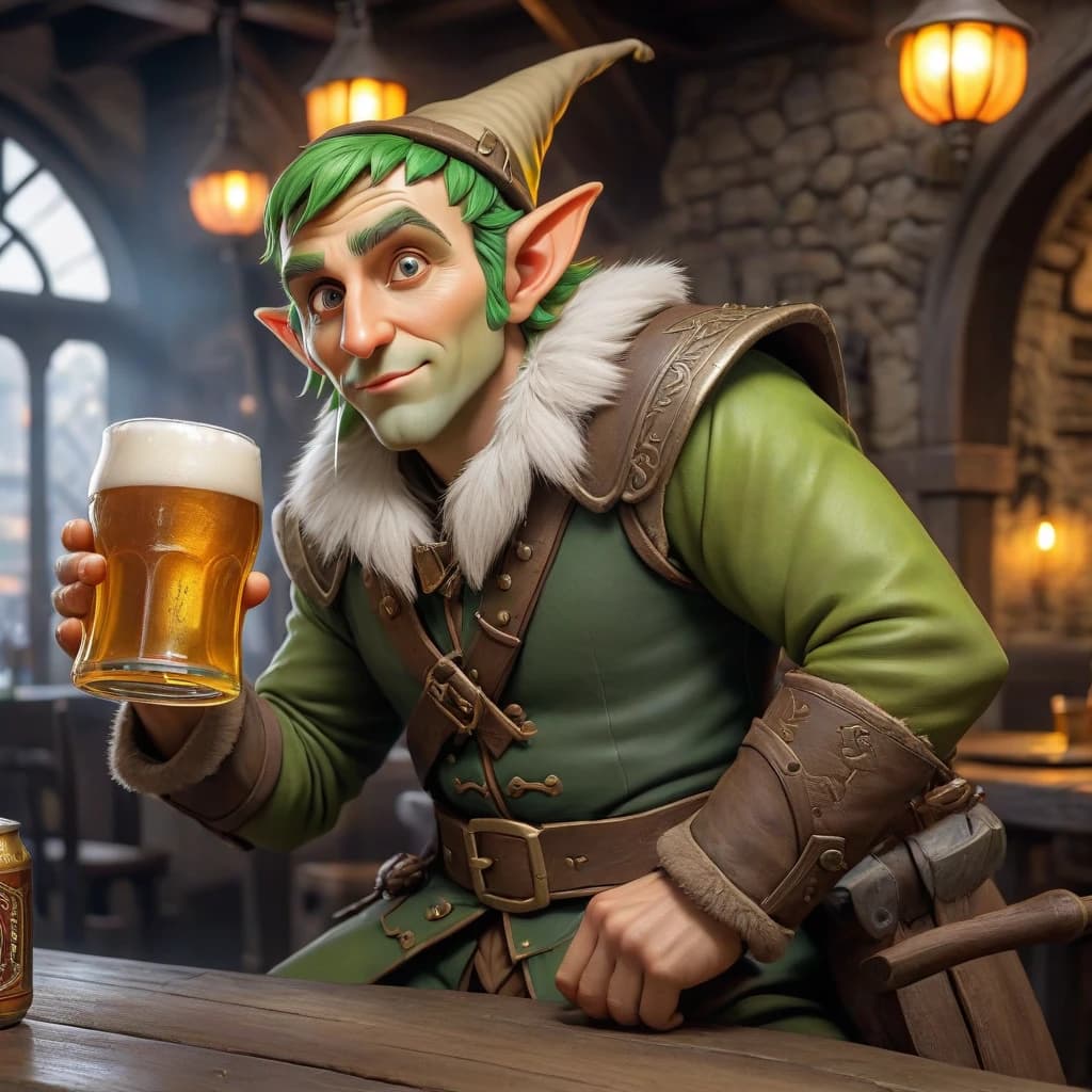 drunk elf drinking beer in a medieval tavern