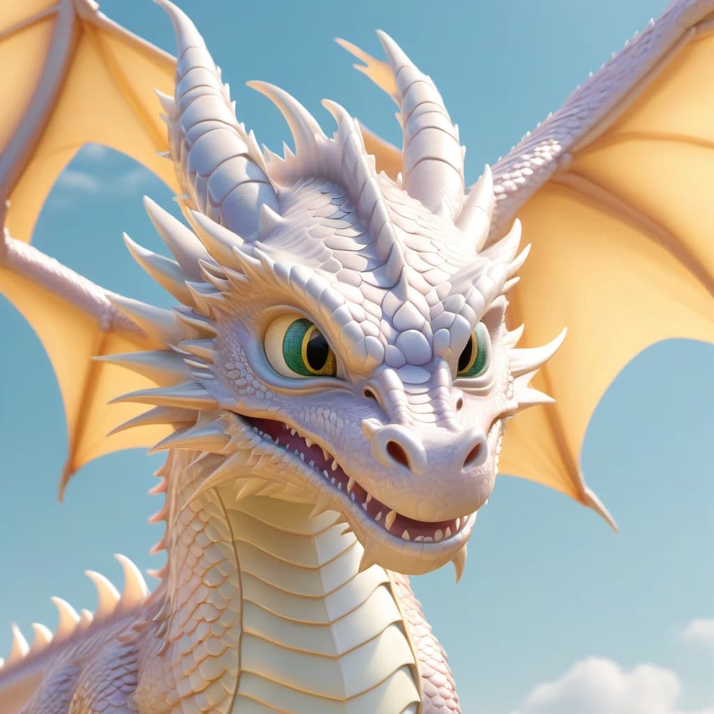 3D dragon child flies in full height, facing the viewer, the dragon looks at the viewer, rounded paws and facial features, the dragon is pale orange, the picture is in pastel colors, a kind dragon in Disney style, the dragon is illuminated from all sides, the dragon is turned to the viewer. The viewer, the image of the dragon is made in pastel colors. the dragon looks into the camera, painted scales on the dragon's skin, funny facial expressions, minimalism, direct soft light.