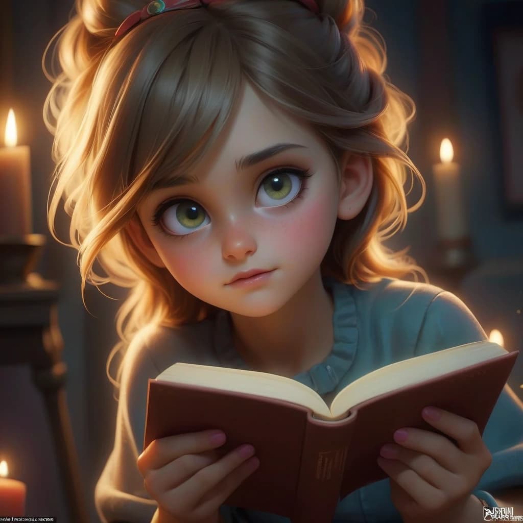 A beautiful girl in a mysterious setting closely shows a closed book so that its cover is visible, against the background of paint strokes and lights shining in the dark, photorealistic, beautiful, bright, colored lighting