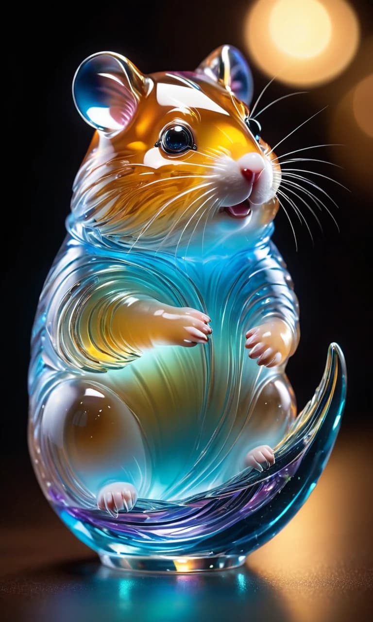(masterpiece, glassmorphism style:1.2), intricate glass sculpture of a hamster, transparent with iridescent hues, catching and reflecting light beautifully, delicate features like whiskers and paw pads, inner lighting glowing softly from within, creating a mesmerizing effect, rainbow reflections dancing on nearby surfaces, elegant and modern design, sleek lines and curves, light refracting through the glass, creating a dreamy and magical ambiance.