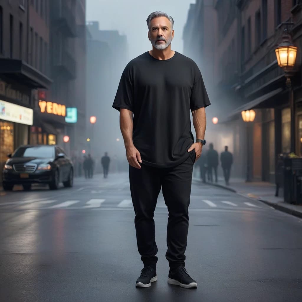 мужчина средних лет в черной футболке оверсайз, реалистичное фото в полный рост в городе