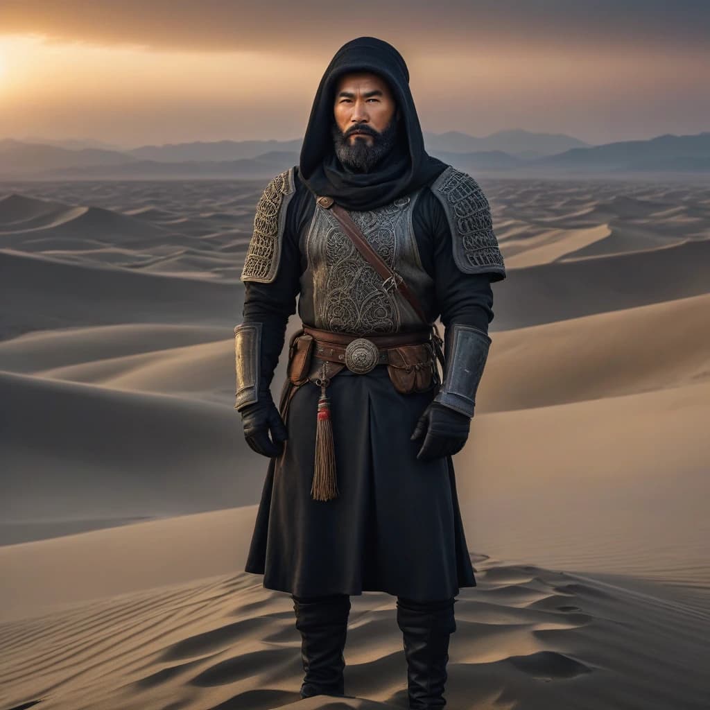A Kyrgyz hero in national armored clothing stands on top of a dune during sunrise. Male hero, 35-40 years old. Black hair with a beard, courageous and self-confident. There is a large hood on the head. The hero is of Kyrgyz nationality. The hero’s clothes have Kyrgyz national patterns. The hero looks at us intently.