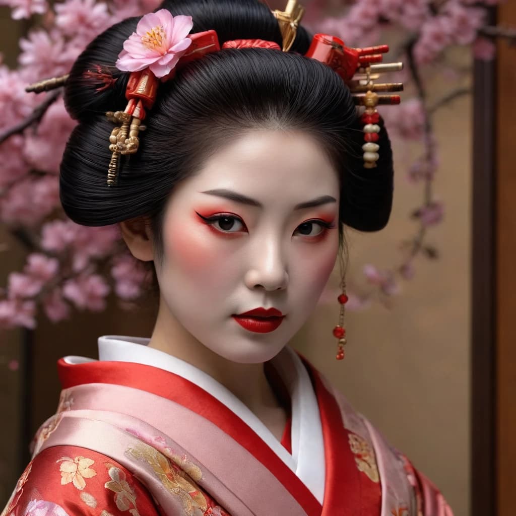 beautiful art portrait of a woman as a geisha, extremely detailed face, japanese culture, sakura on the background, by craig mullins and russ mullis