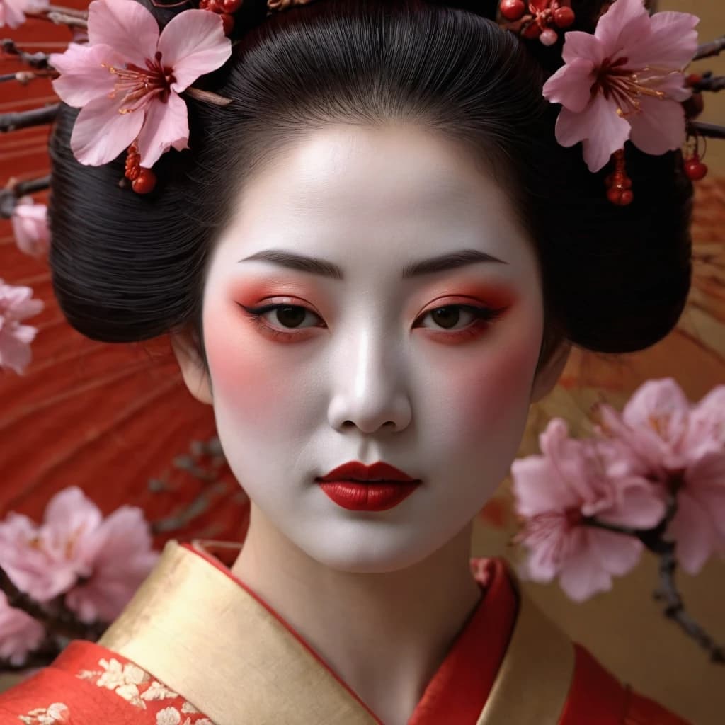 beautiful art portrait of a woman as a geisha, extremely detailed face, japanese culture, sakura on the background, by craig mullins and russ mullis