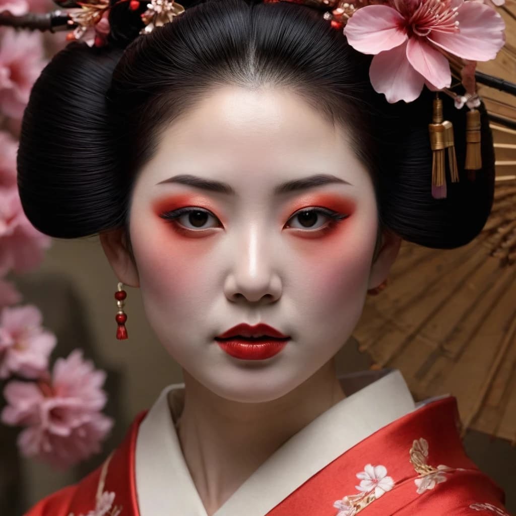beautiful art portrait of a woman as a geisha, extremely detailed face, japanese culture, sakura on the background, by craig mullins and russ mullis