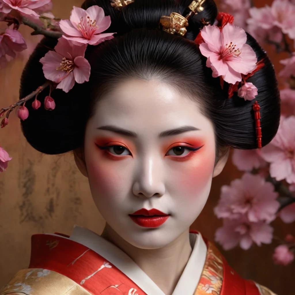 beautiful art portrait of a woman as a geisha, extremely detailed face, japanese culture, sakura on the background, by craig mullins and russ mullis