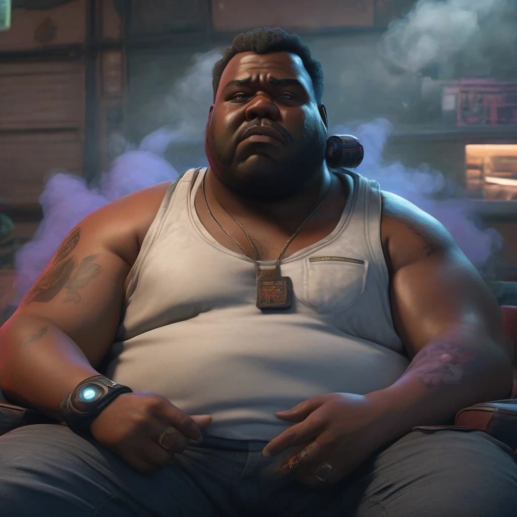 fat black man chilling on bean bag chair and emitting a dense cloud of smoke from the mouth, cloud of smoke from the mouth, cyberpunk 2077 detailed vest and shorts, beautiful detailed  eyes, (((masterpiece))), ((best quality)), ((intricate detailed)), ((Hyperrealistic)), black skin, highly detailed, illustration, ((detailed fingers)), detailed face, handsome man face, black dreadlocks,  (cyberpunk:1.2), detailed background, hookah lounge background, neon lights, lens flare, looking at the viewer