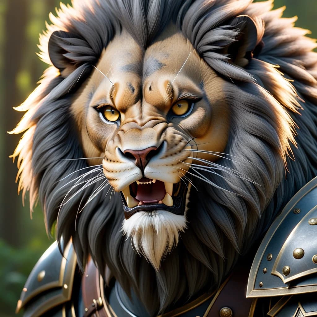 A LION with a dark gray mane with a scar on his left eye (The eye with the scar is closed), in heavy armor, with a large sword on his back