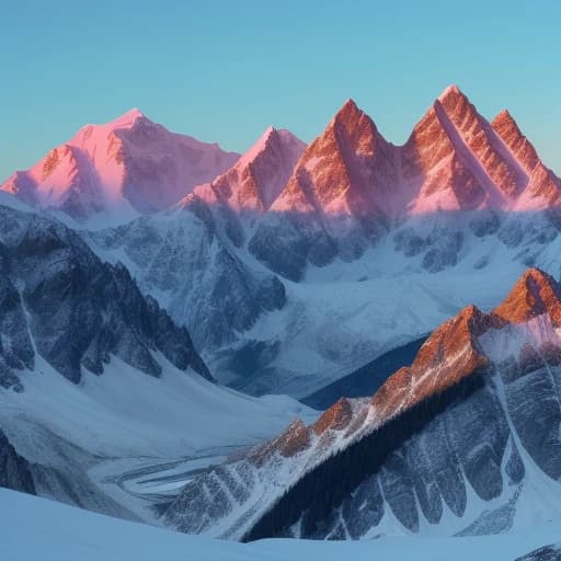 красочное изображение гор со снежными вершинами, внизу долина на переднем плане растения