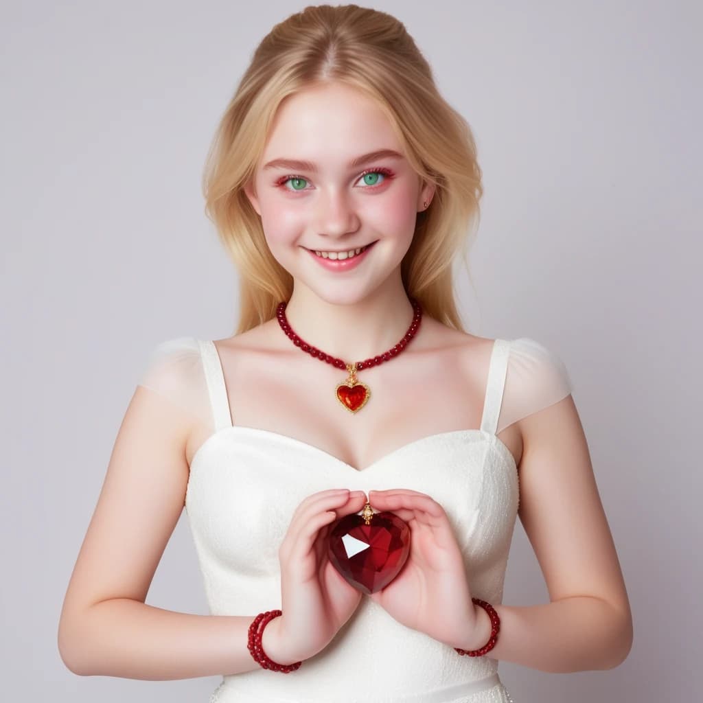 An 18-year-old adult girl, with blond hair, green eyes, looking at the camera, with a smile on her face, in a white dress, in full growth, on her neck is a red amulet, in the shape of a heart made of ruby, her arms are bent at the elbows, her palms are holding a crystal ball. nearby there is a 4-storey building in the style of a magic school, which is surrounded by a forest and a river