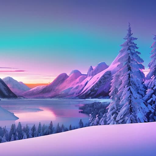A snowy Norwegian landscape with a majestic mountains in the background covered in snow and a beautiful ocean surrounded by trees. Colors are vivid purples, pinks, teals, and oranges. ultra-detailed, hyper-realistic style, cinematic —ar 16:9 —style raw —v 6.1