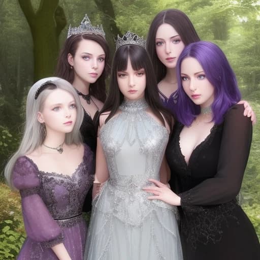 A girl with dark hair and blue eyes stands against the background of a castle in a forest thicket. She is wearing a dark purple dress with black lace, jewelry and a silver tiara with purple stones. A guy with short white hair and golden eyes, in a black tailcoat, hugs her around the waist.