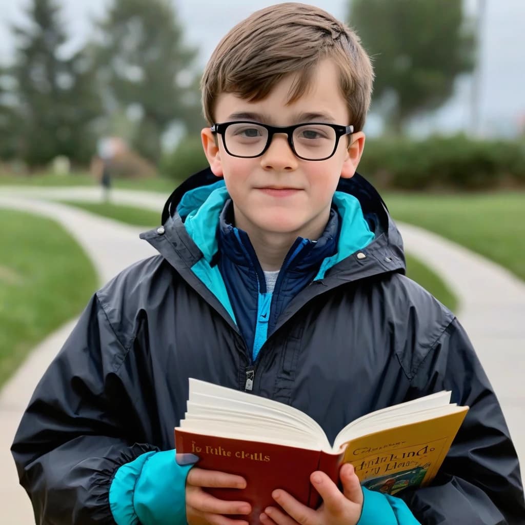 Мальчик в ветровке с книгой в руках. он в очках.