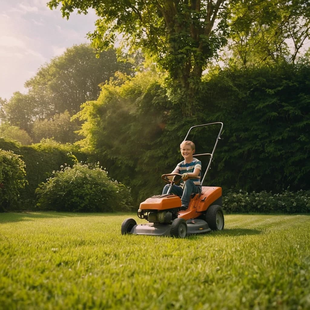 The location is tanhouse, the boy works as a lawn mower, the weather is sunny, everyone is smiling and waving!