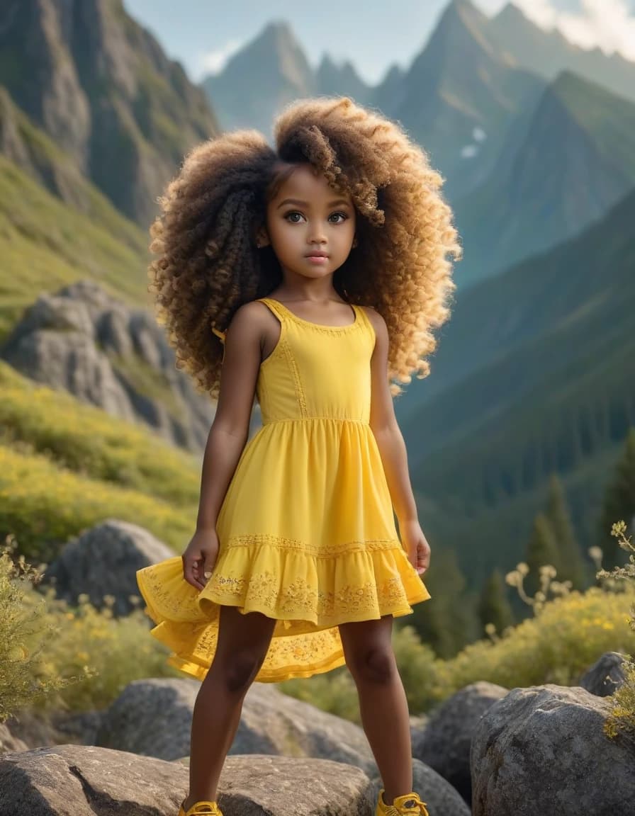 Super realistic photo, mountain background, little girl in yellow colored sundress, long afro curls