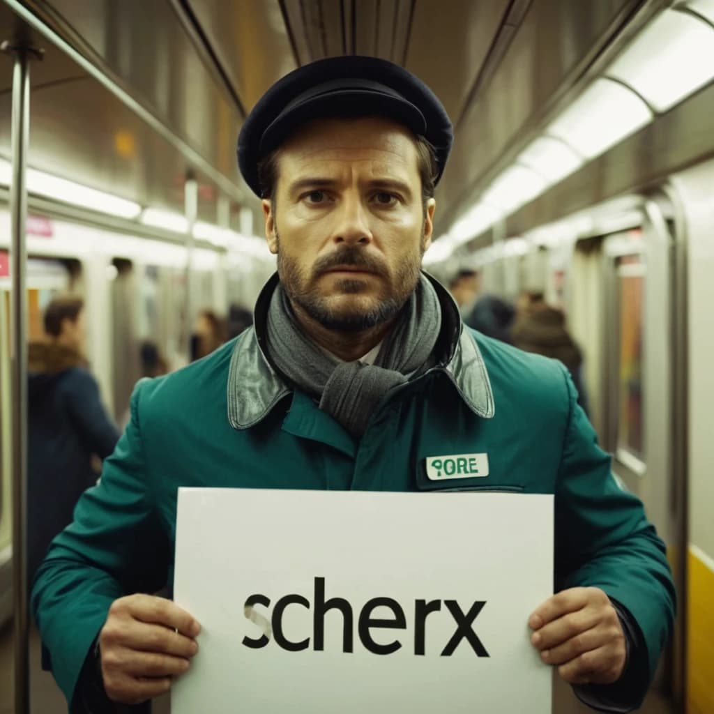 человек в костюме  в метро держит табличку с натписью подпишысь на Cherex