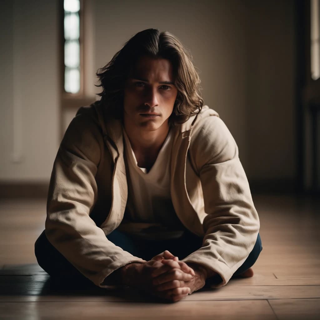 A young man with shoulder-length hair, wearing a straitjacket with his hands tied behind his back, sits on the floor in a room with soft walls. He is surprised to find himself in this situation