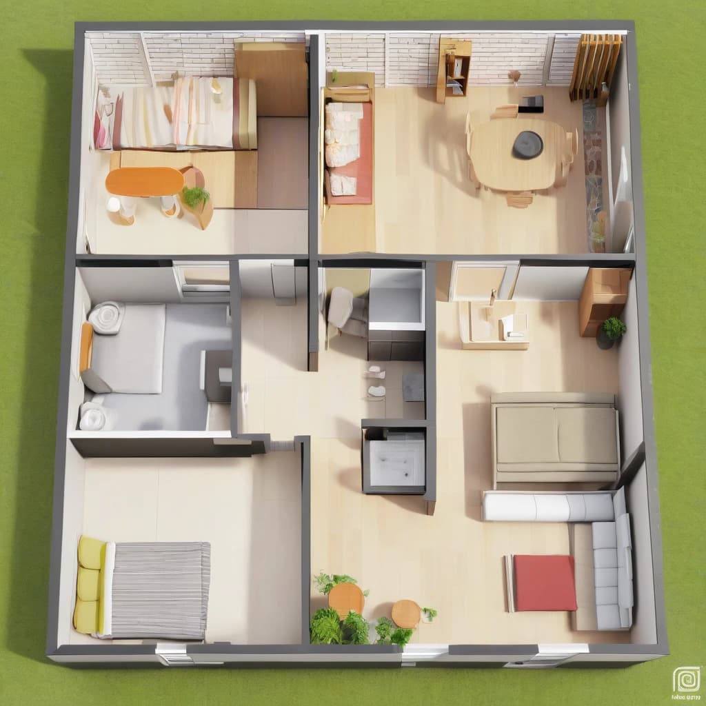 house layout 7 by 9 meters with a living room, shared toilet and bathroom, kitchen, wardrobe and staircase