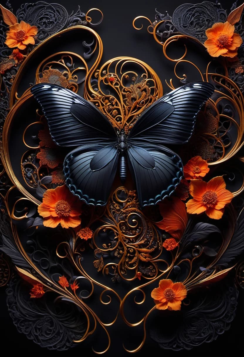 Digital Image. Close-up with double exposure and smooth textures. Flight of a black (butterfly :: 1,3). With intricate ribbed zentangle patterns on butterfly wings:: mudehar, plateresco. Background: depth, perspective, fracture, thin neon flame-colored threads glowing on a complex black textured background. Intricate abstraction with blurred, smoky floral elements of cold shades and swirls of dark golden rocaille. Stylistics: rocaille, surrealism, zentangle, gothic, plateresco. In the manner of Klimt, Tatiana Suarez, Dürer, William Blake. High quality and detail.  HDR.