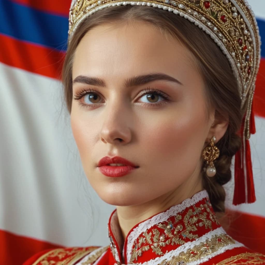 Нарисуй русскую девушку в русском национальном костюме на фоне флага России