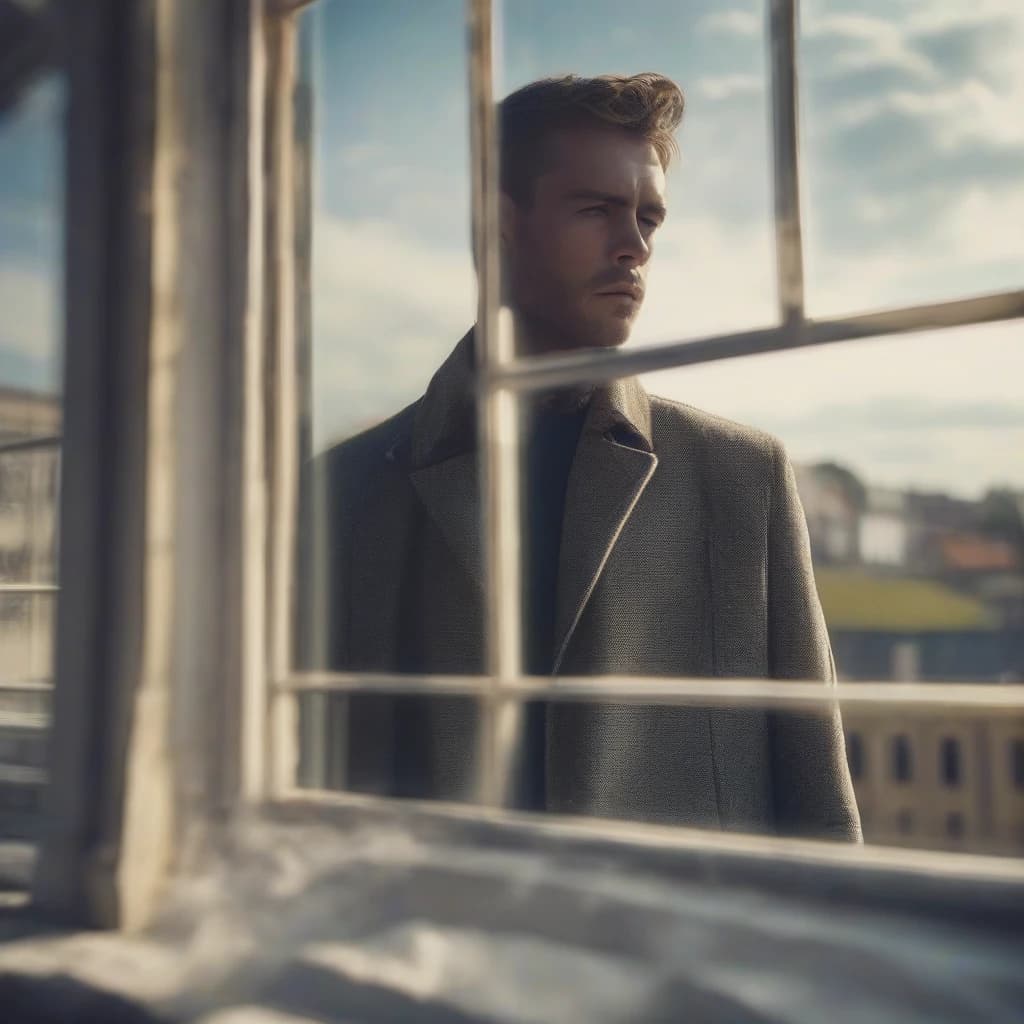 A man with a fashionable haircut on a square window, a sunny sky in the window