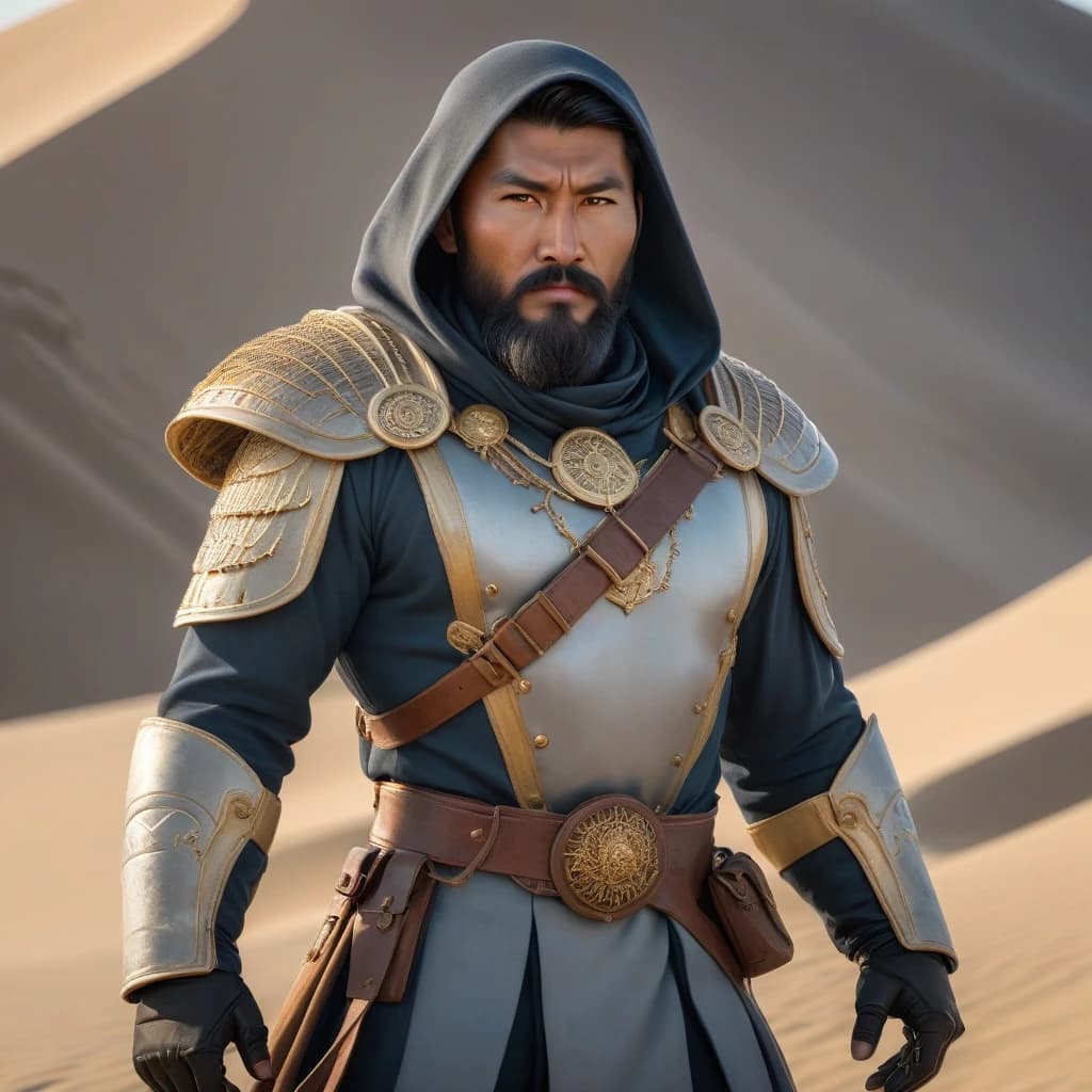 A Kyrgyz hero in national armored clothing stands on top of a dune during sunrise. Male hero, 30-35 years old. Black hair with a beard, courageous and self-confident. There is a large hood on the head. The hero is of Kyrgyz nationality. The hero’s clothes have Kyrgyz national patterns. The hero looks at us intently.