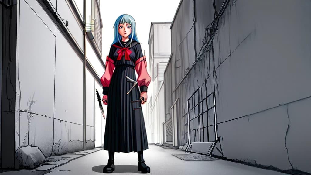 Anime girl standing around the corner with a full-length knife in the center of the frame in color