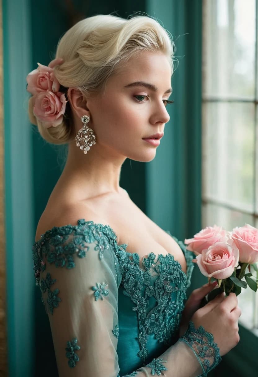 Raw Photo A captivating portrait of a young woman with platinum blonde hair, exquisitely adorned with delicate pink roses. She dons a stunning teal gown featuring intricate lace and beadwork, complemented by matching gloves and earrings. Her presence is further enhanced by the soft, diffused light filtering through the arched windows of the elegant room. With a pink rose in her hand and her captivating gaze directed towards the viewer, she exudes an air of mystery and allure.