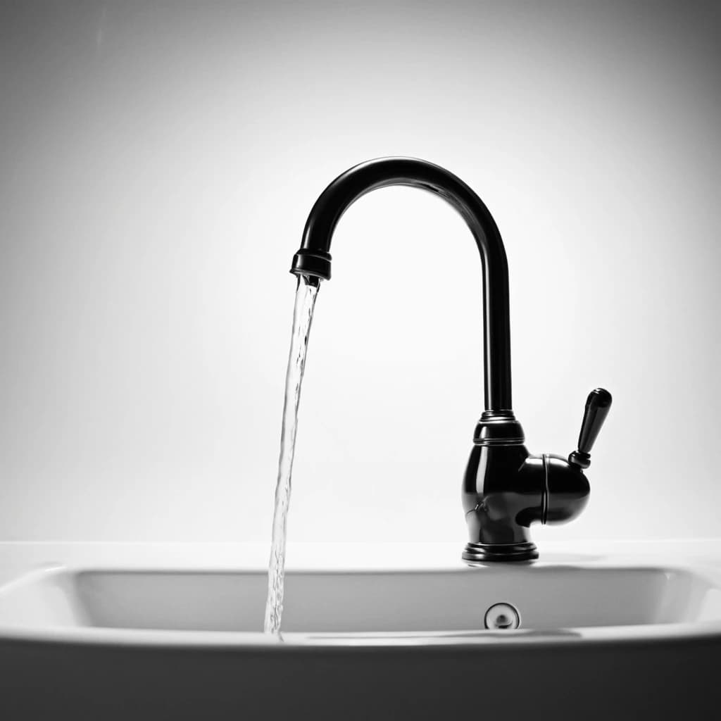 Вана заполненная на половину, наполняется водой из под крана по капельке, черно белый фон
