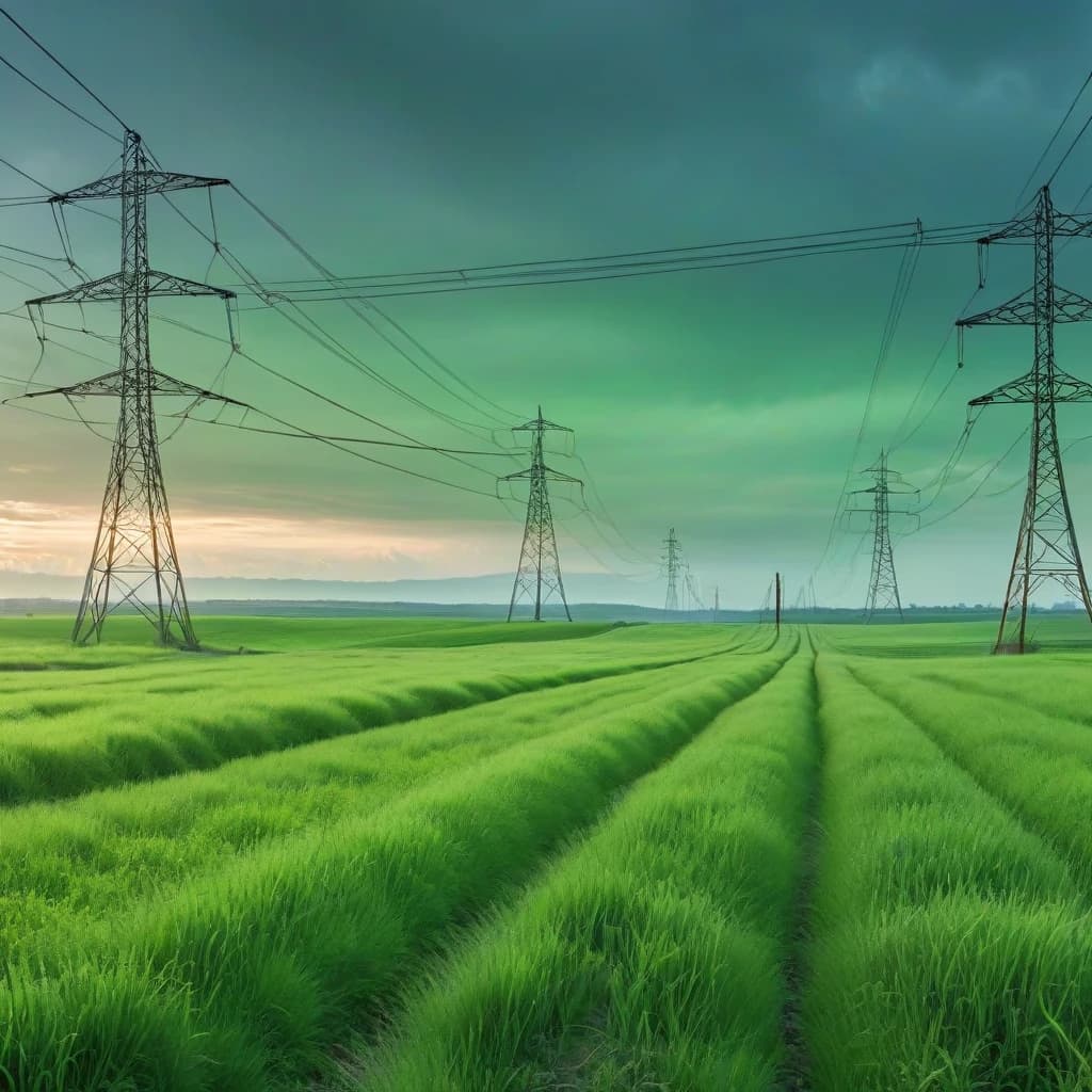 a field of green grass with power lines in the background, vector technical documents, electrons, panoramic photography, unsplash, visible sky and humid atmosphere, totalitarian setting, high voltage, connected, rustic yet enormous scp (secure, oil lines, hdpe, round-cropped