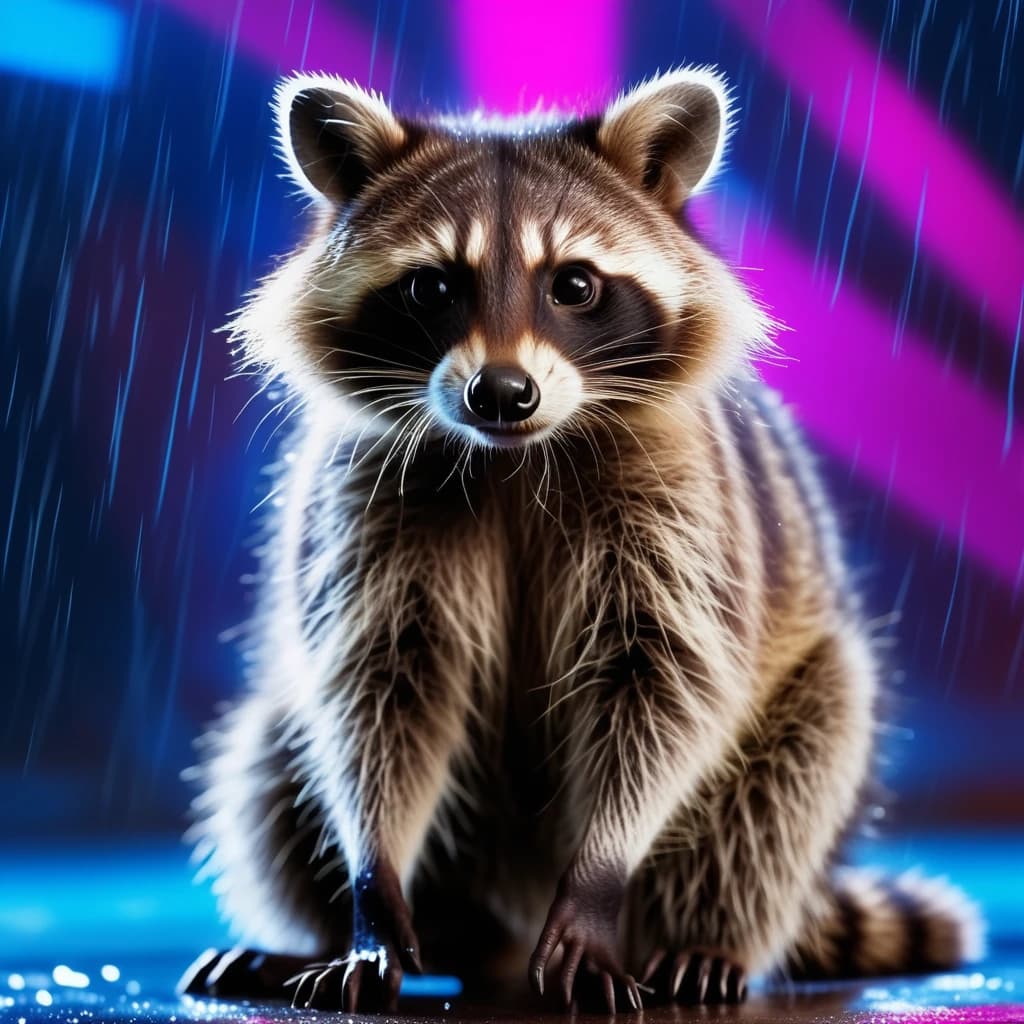 Raccoon, blue rays on neon background, in the rain