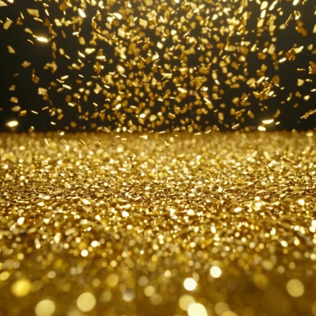 huge amount of small gold glitter falling on reflective surface in big room, realistic, 4k