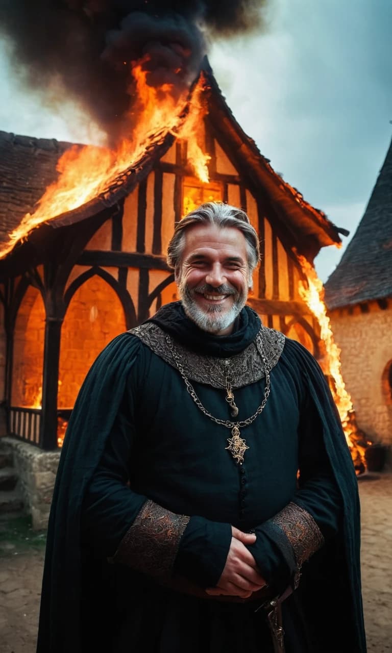 A sorcerer in medieval clothes is grinning, with a burning medieval house behind him, dark fantasy and grimdark style