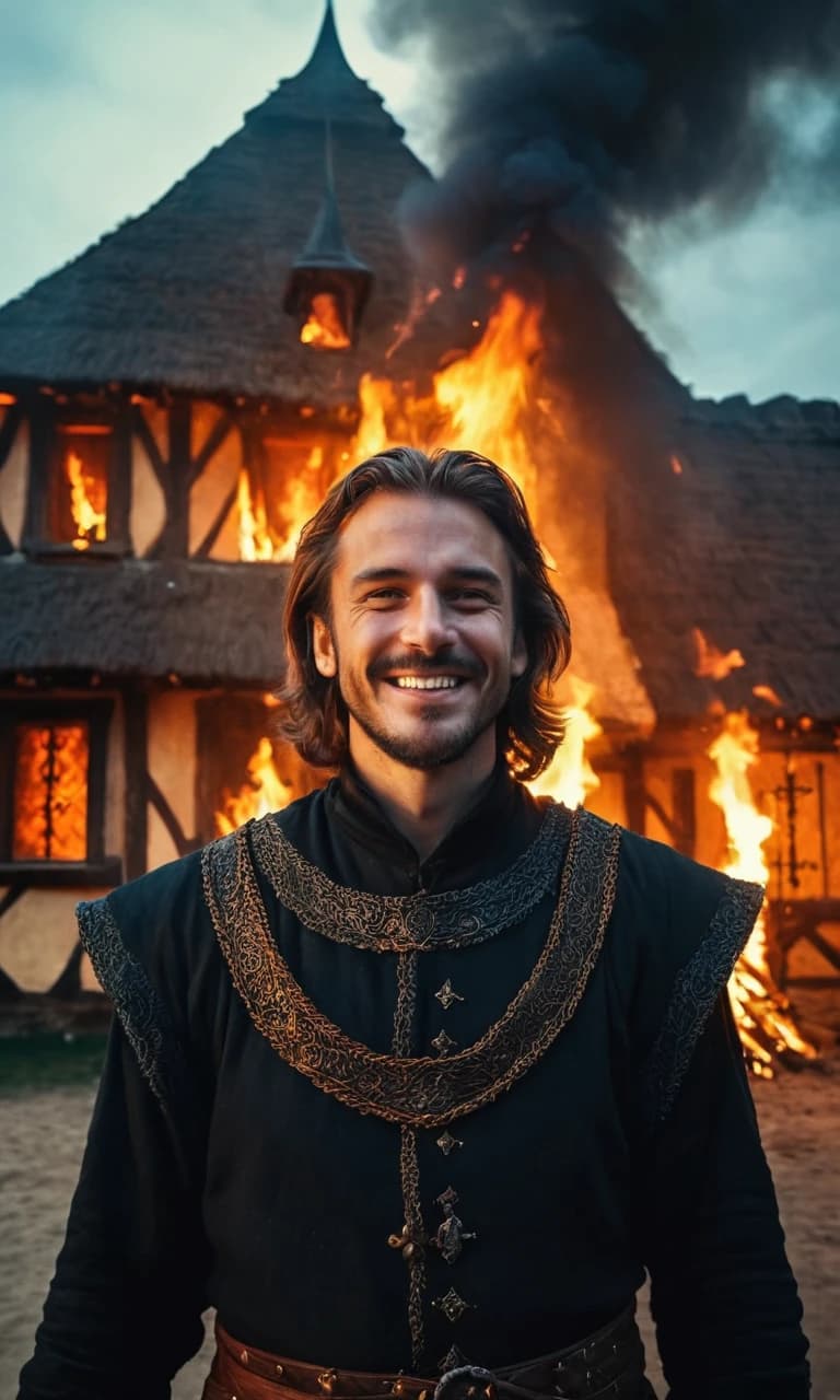A sorcerer in medieval clothes is grinning, with a burning medieval house behind him, dark fantasy and grimdark style