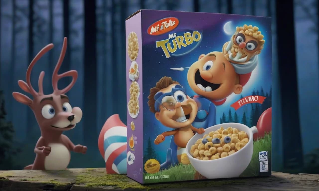 A box of cereal "Mr. Turbo" with an image on the package against a night fancy forest background