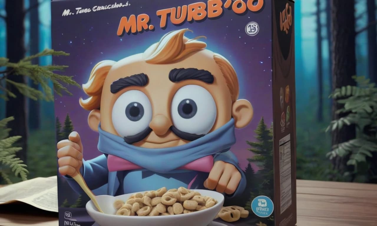A box of cereal "Mr. Turbo" with an image on the package against a night fancy forest background