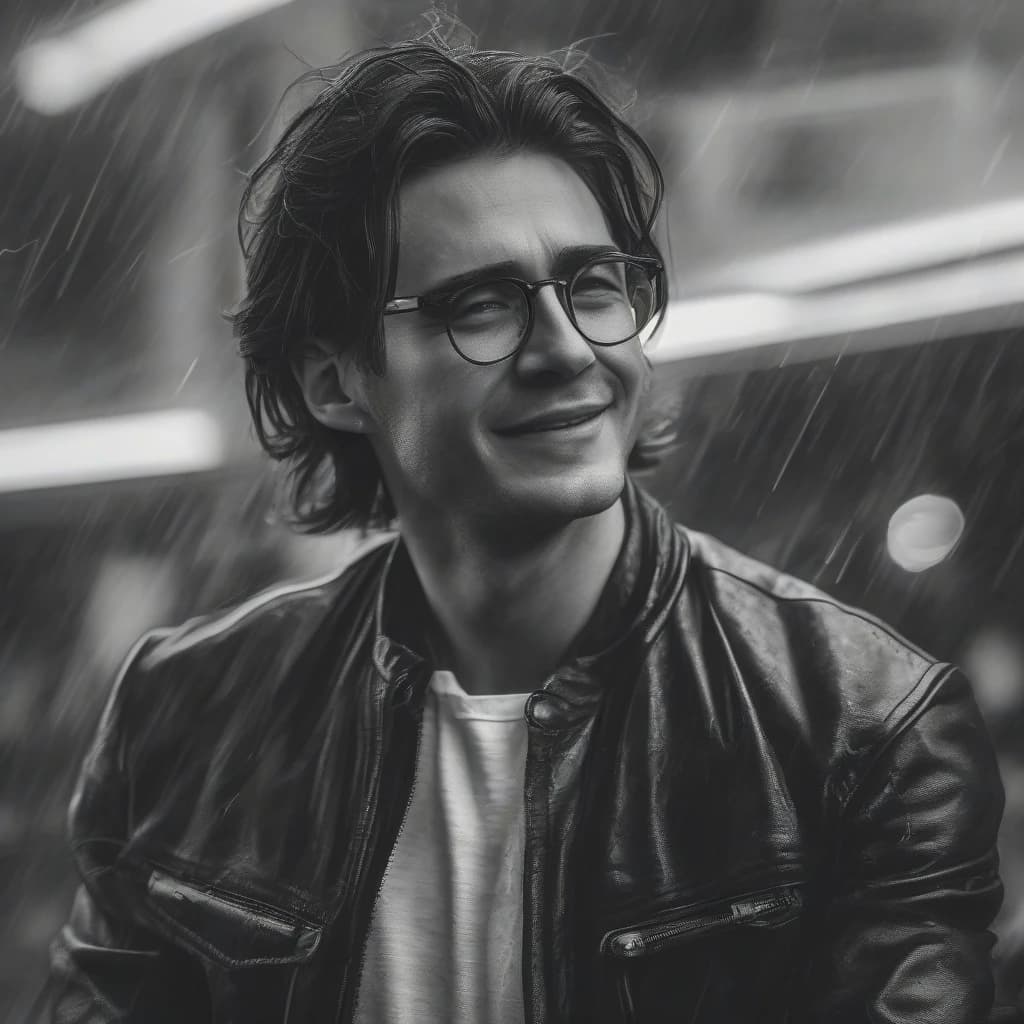 A young man with shoulder-length hair and wearing dark glasses is seen laughing angrily, with his arms crossed over his chest. His hair has a gray streak, and he is wearing a black leather jacket and dark clothing. The scene is set in the midst of swirling chaos, with thunderstorms and lightning flashing in the background.