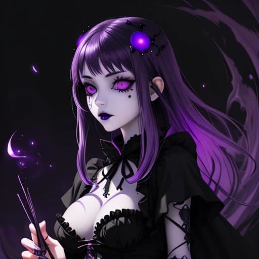 far away a girl with purple eyes, eerie glow, manga, emote, uwu, Gothic,opium witch fashion girl