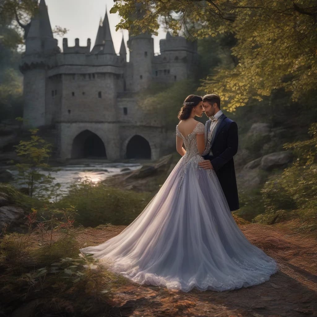 A girl with dark hair and blue eyes stands against the background of a castle in a forest thicket. She is wearing a dark purple dress with black lace, jewelry and a silver tiara with purple stones. A guy with short white hair and golden eyes, in a black tailcoat, hugs her around the waist.
