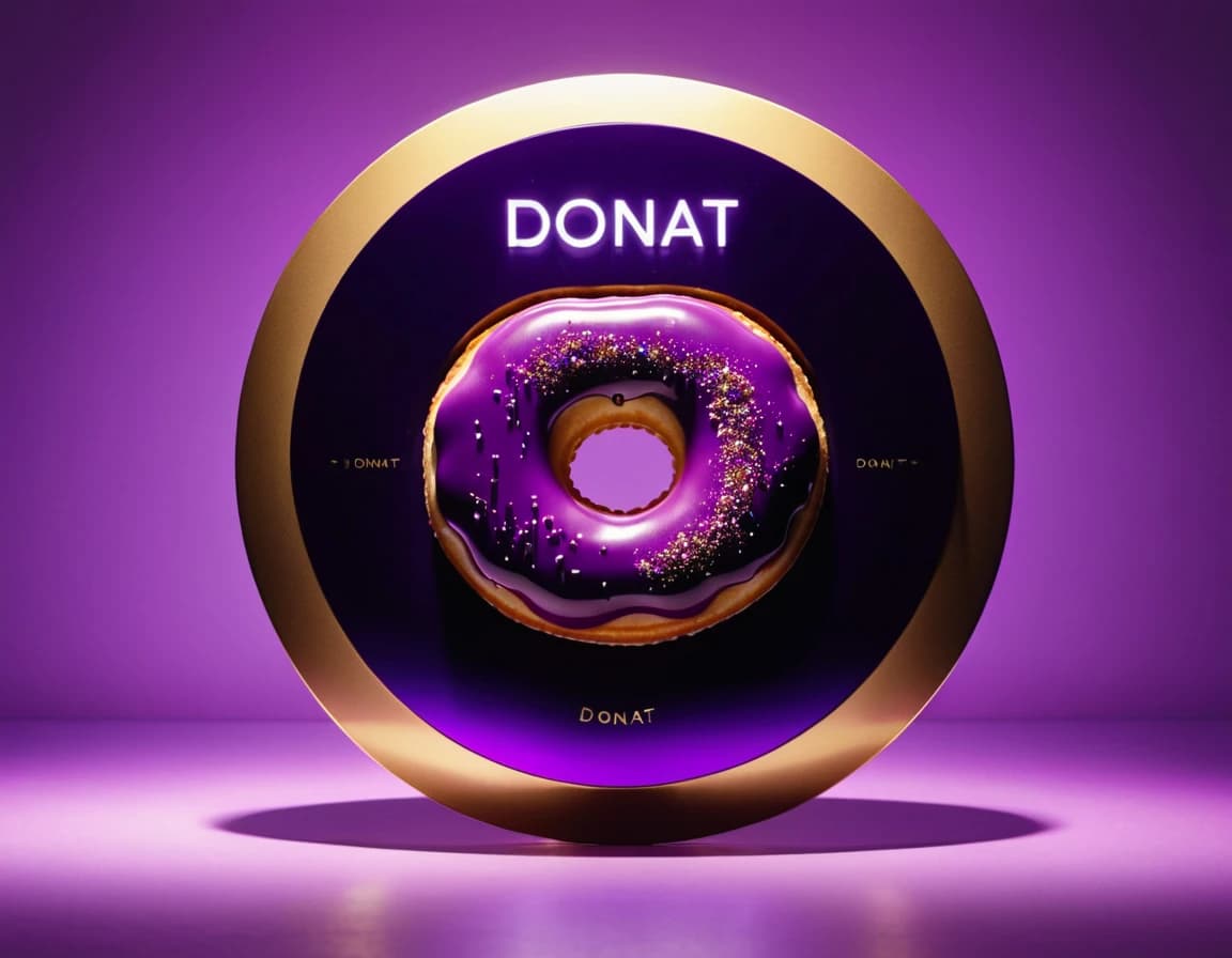 качество 4k, по середине написанно DONAT с фиолетовой светящейся обводкой, снизу фиолетовая плавная подсветка