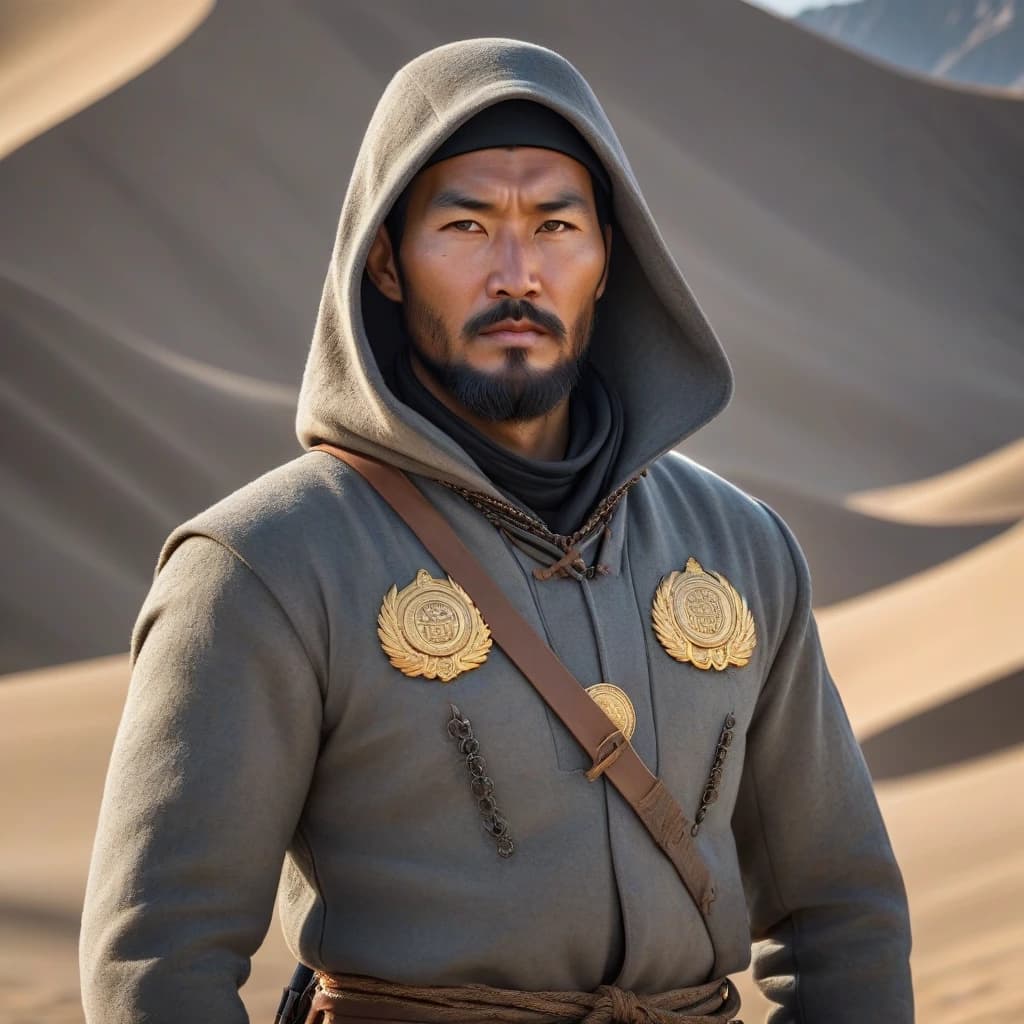 A Kyrgyz hero in national armored clothing stands on top of a dune during sunrise. Male hero, 35-40 years old. Black hair with a beard, courageous and self-confident. There is a large hood on the head. Hero of Kyrgyz nationality. The outerwear features an embossed coat of arms of the Kyrgyz Republic with the inscription Payday. Add some Kyrgyz national patterns to your clothes.