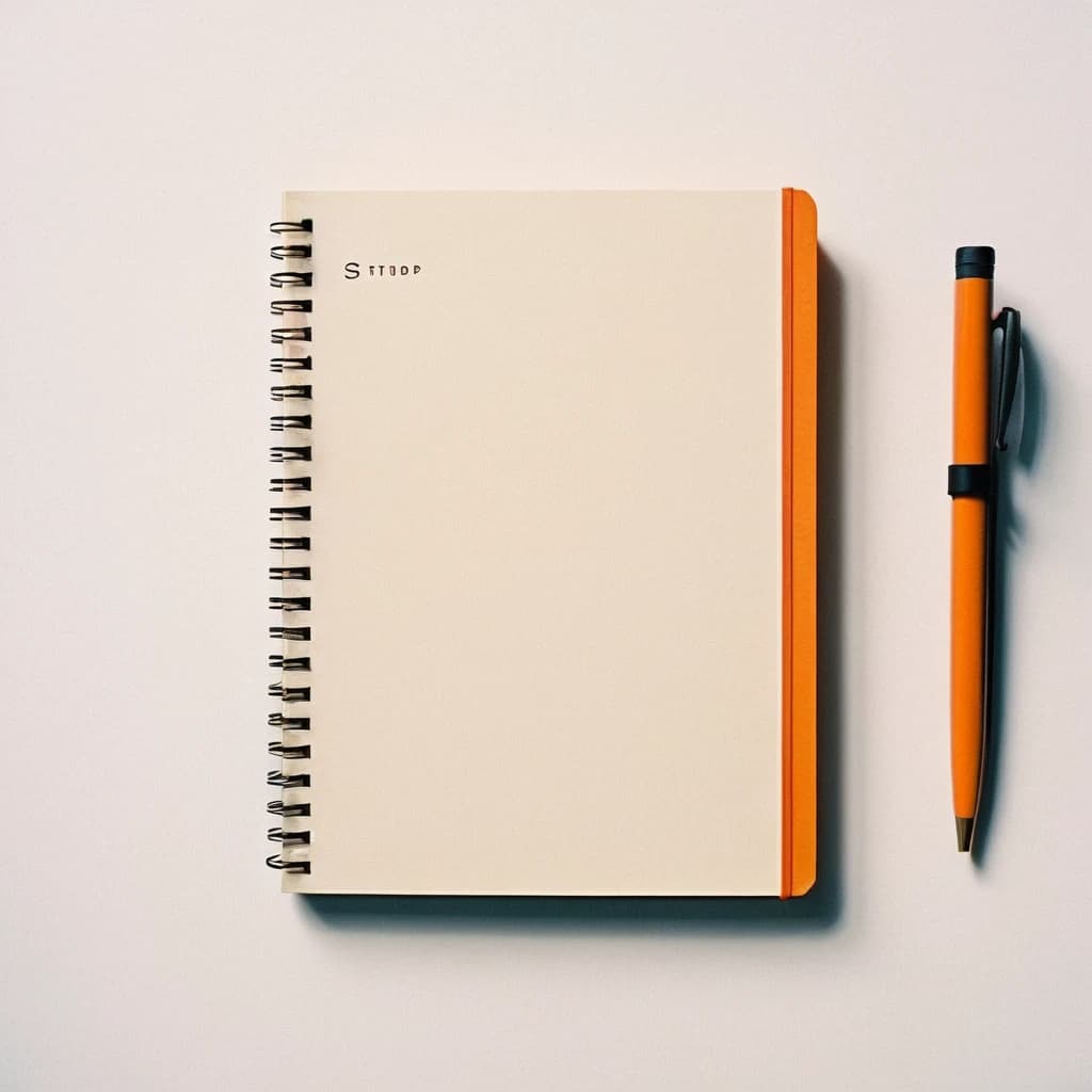 на изображении должно быть записная книжка для студии разработки YBRU, фон должен быть белым, основные цвета оранжевый и синий на самой книге должна быть надпись студиии