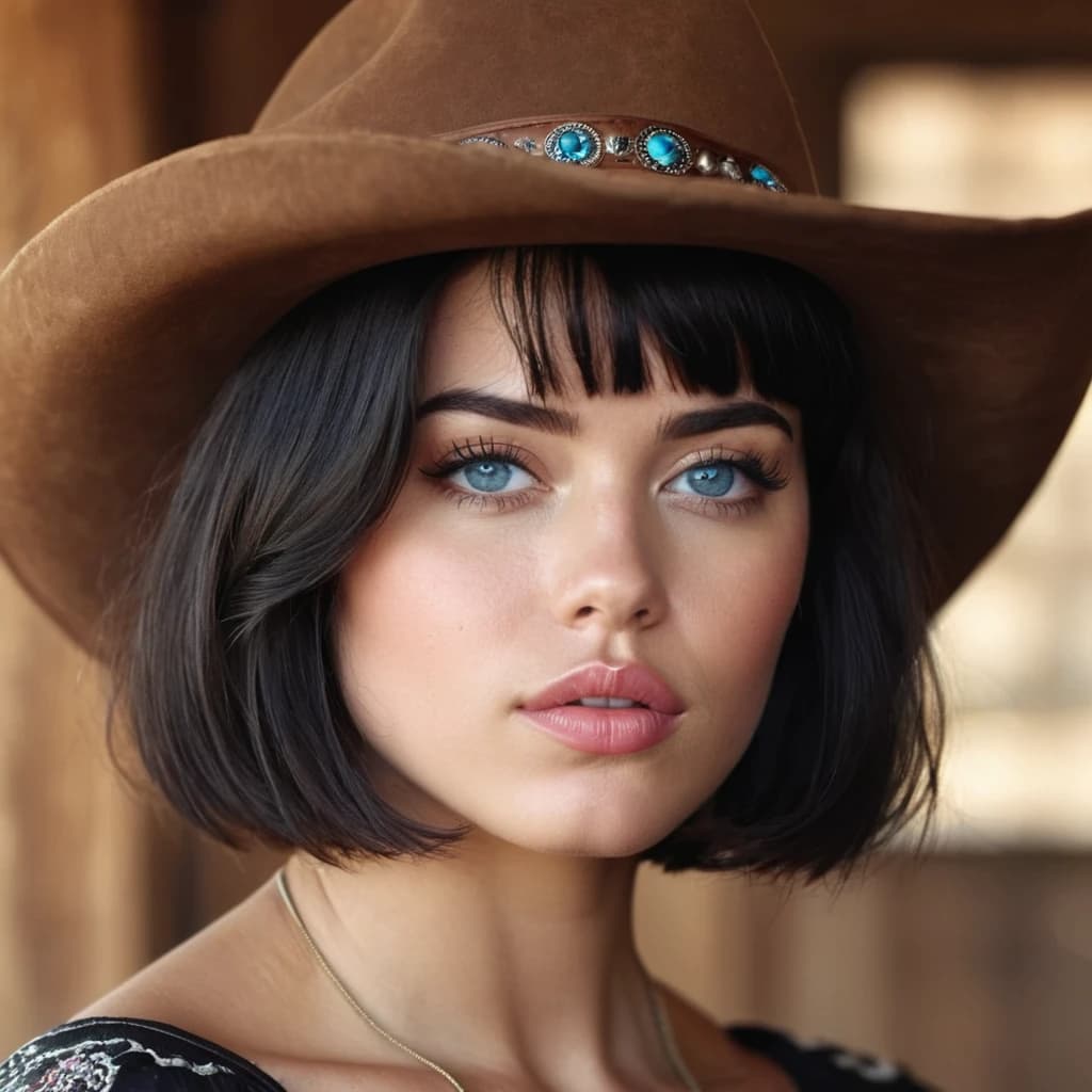 create an art of a dark haired cowboy girl with a bob haircut, with blue eyes and plump lips.
