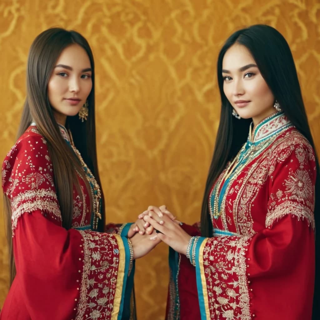 современные 5 казахских красивых девушек с длинными волосами в национальной одежде держаться за руки, оказывая друг другу поддержку