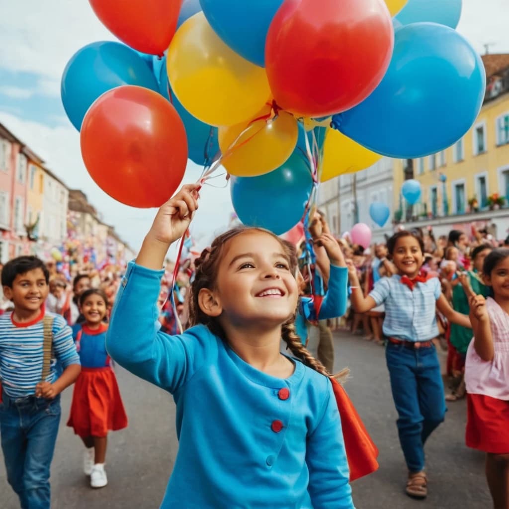 A cinematic, vibrant scene of a joyous Children's Day celebration. The sky is a brilliant blue, and there is a sea of smiling chil

dren, each holding colorful balloons. In the foreground, a young girl with braids is dressed as a princess, and a boy with a baseball cap is dressed as a superhero. They wave at the camera, their eyes full of wonder. In the background, a festive parade passes by, with floats, confetti, and cheerful music filling the air. The overall atmosphere of the image is lively and uplifting, capturing the essence of childhood innocence and happiness., cinematic