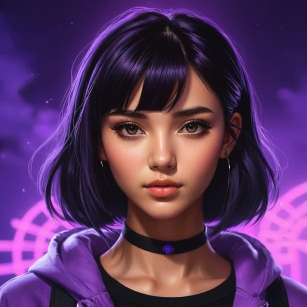 draw an avatar for a steam account in anime style with purple neon in the background, a girl with black hair and that the nickname "ANEL" would be at the bottom