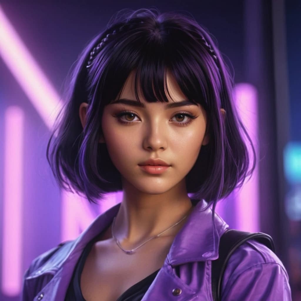 draw an avatar for a steam account in anime style with purple neon in the background, a girl with black hair and that the nickname "ANEL" would be at the bottom