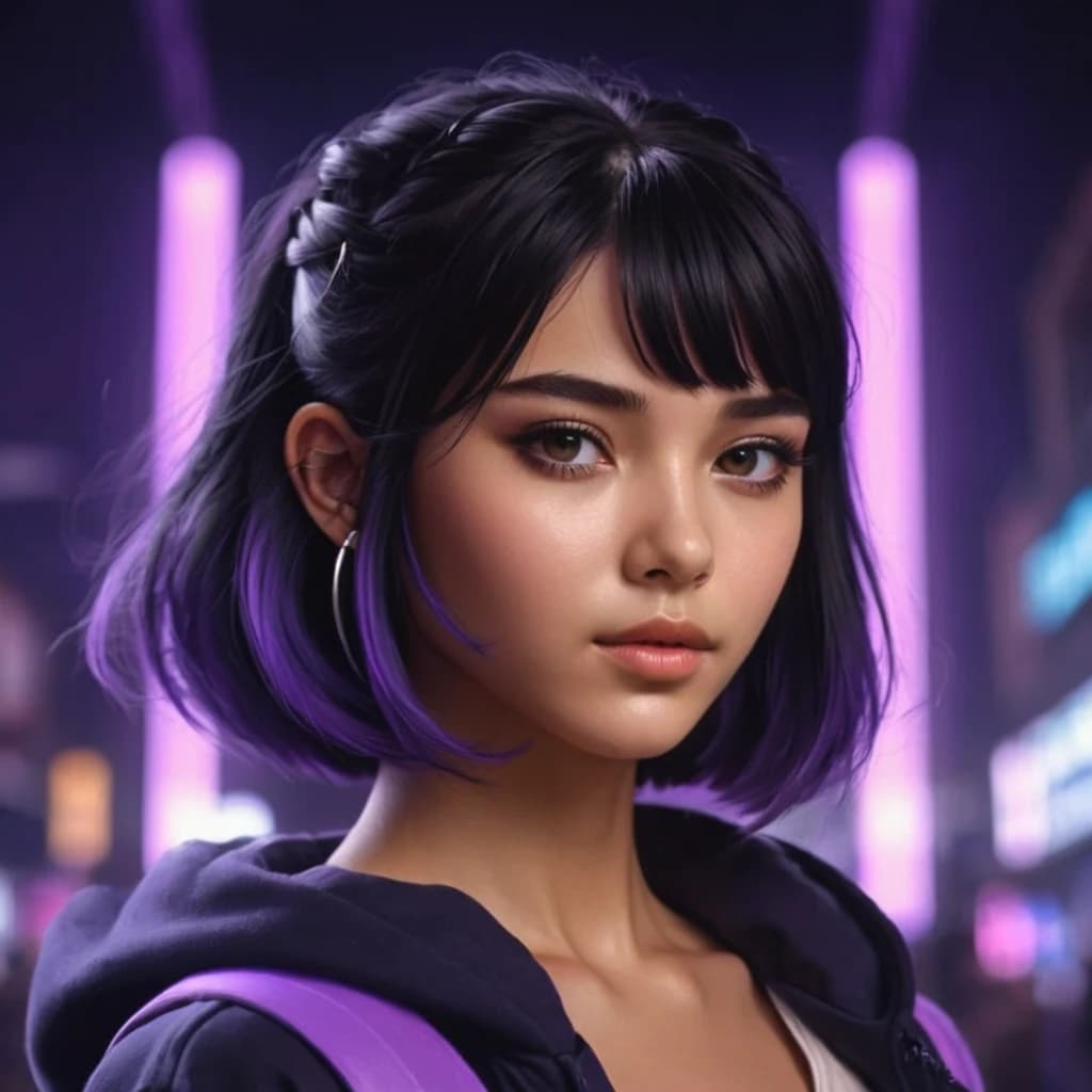 draw an avatar for a steam account in anime style with purple neon in the background, a girl with black hair and that the nickname "ANEL" would be at the bottom
