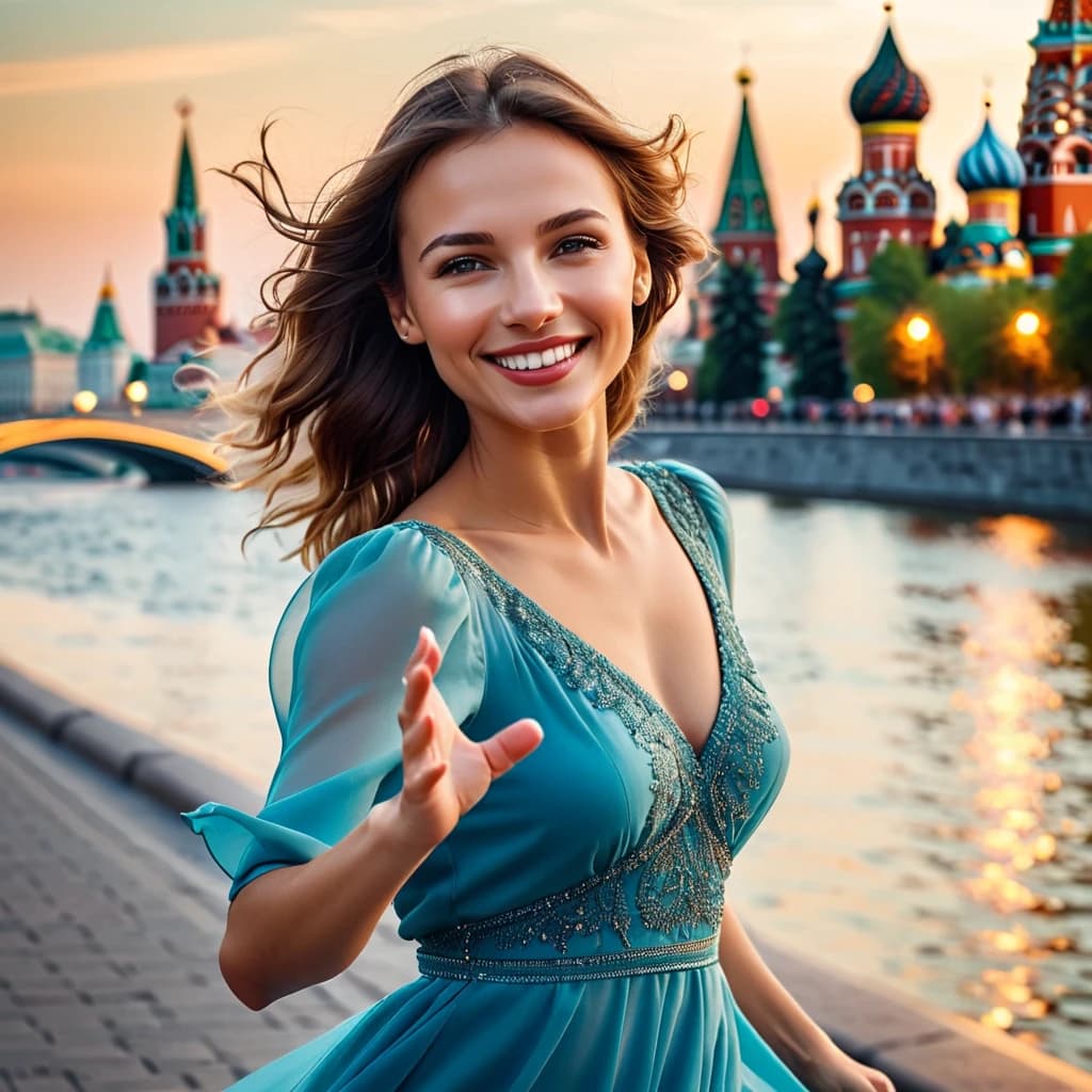 Красивая девушка лет 29 танцует на набережной Москвы с идеальной улыбкой на лице для рекламы профессиональной чистки зубов