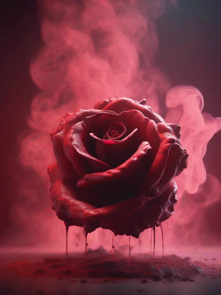 Red thick smoke in smooth colors depicts a melting rose figure against a wall background with red smoke streaming down it. Strong contrast of dramatic colors, 4k, high quality and detail. Flickering light, perfect composition, beautifully detailed intricate insanely detailed octane render trend on artstation, 8 k art photography, photorealistic concept art, soft natural volumetric cinematic perfect light, chiaroscuro, award - winning photograph, masterpiece, oil on canvas, raphael, caravaggio, greg rutkowski, bipple, bexinski, hyger